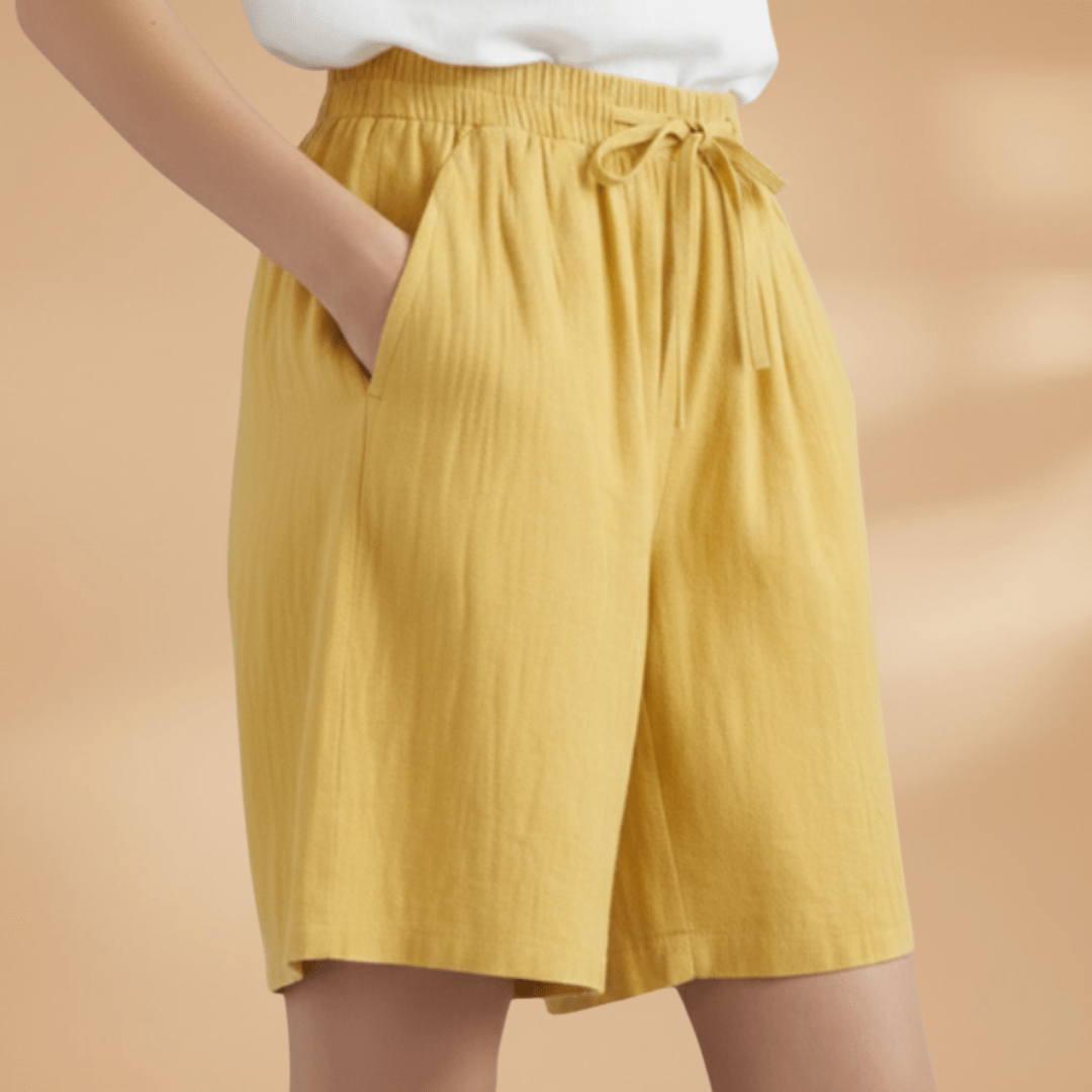Shorts feminino algodão relaxed fit com cós elástico e cordão regulável