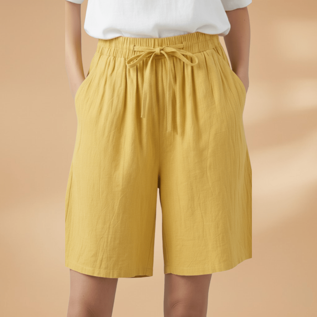Shorts feminino algodão relaxed fit com cós elástico e cordão regulável