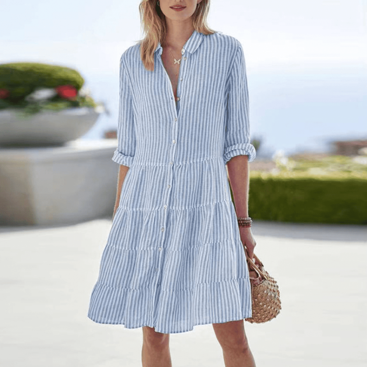 Nina | Vestido Midi Listrado com Botões Feminino