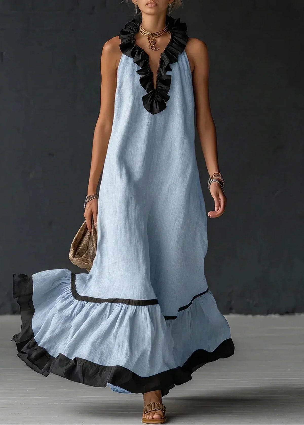 Vestido Longo Mulher com Volantes Gola Halter