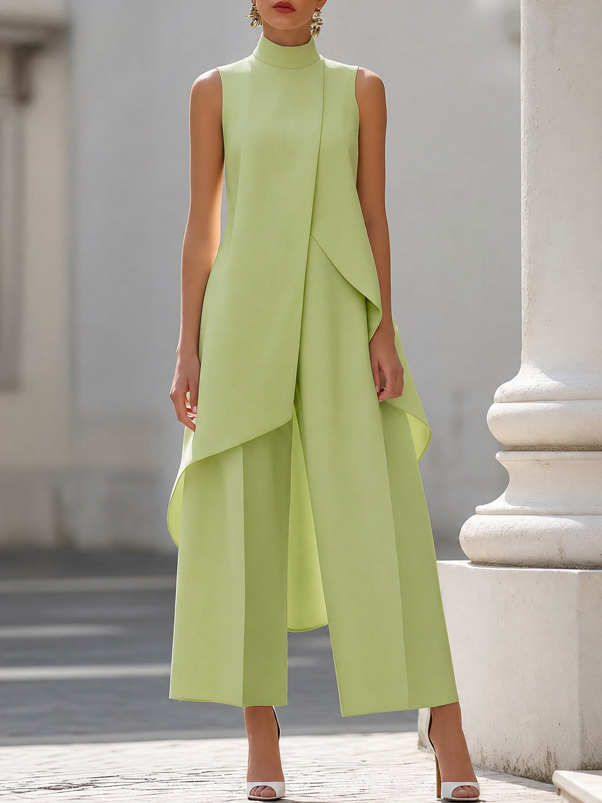 Conjunto Mulher Gola Alta | Blusa Assimétrica e Calças Palazzo