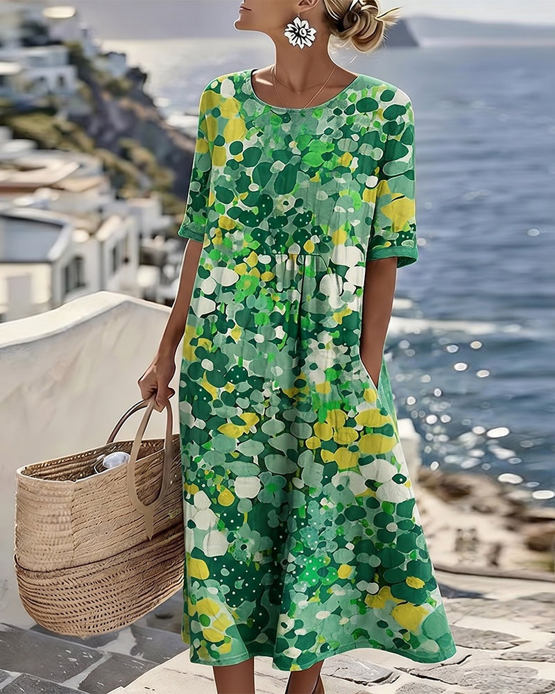 Vestido Midi Floral | Verão Solto Mulher Manga Curta
