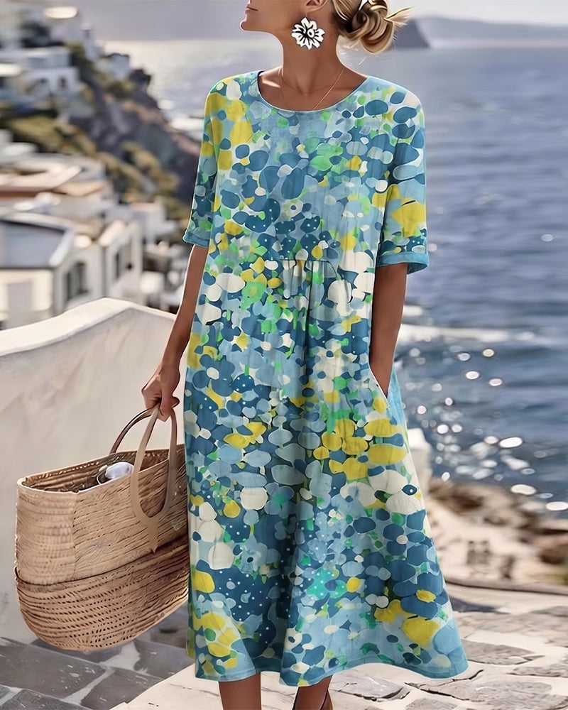 Vestido Midi Floral | Verão Solto Mulher Manga Curta
