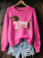 Sweater Feminino de Tricot | Motivo Salsicha, Patchwork | Estilo Casual
