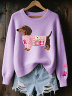 Sweater Feminino de Tricot | Motivo Salsicha, Patchwork | Estilo Casual