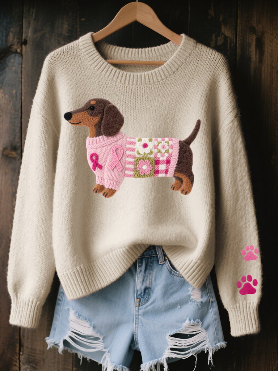 Sweater Feminino de Tricot | Motivo Salsicha, Patchwork | Estilo Casual