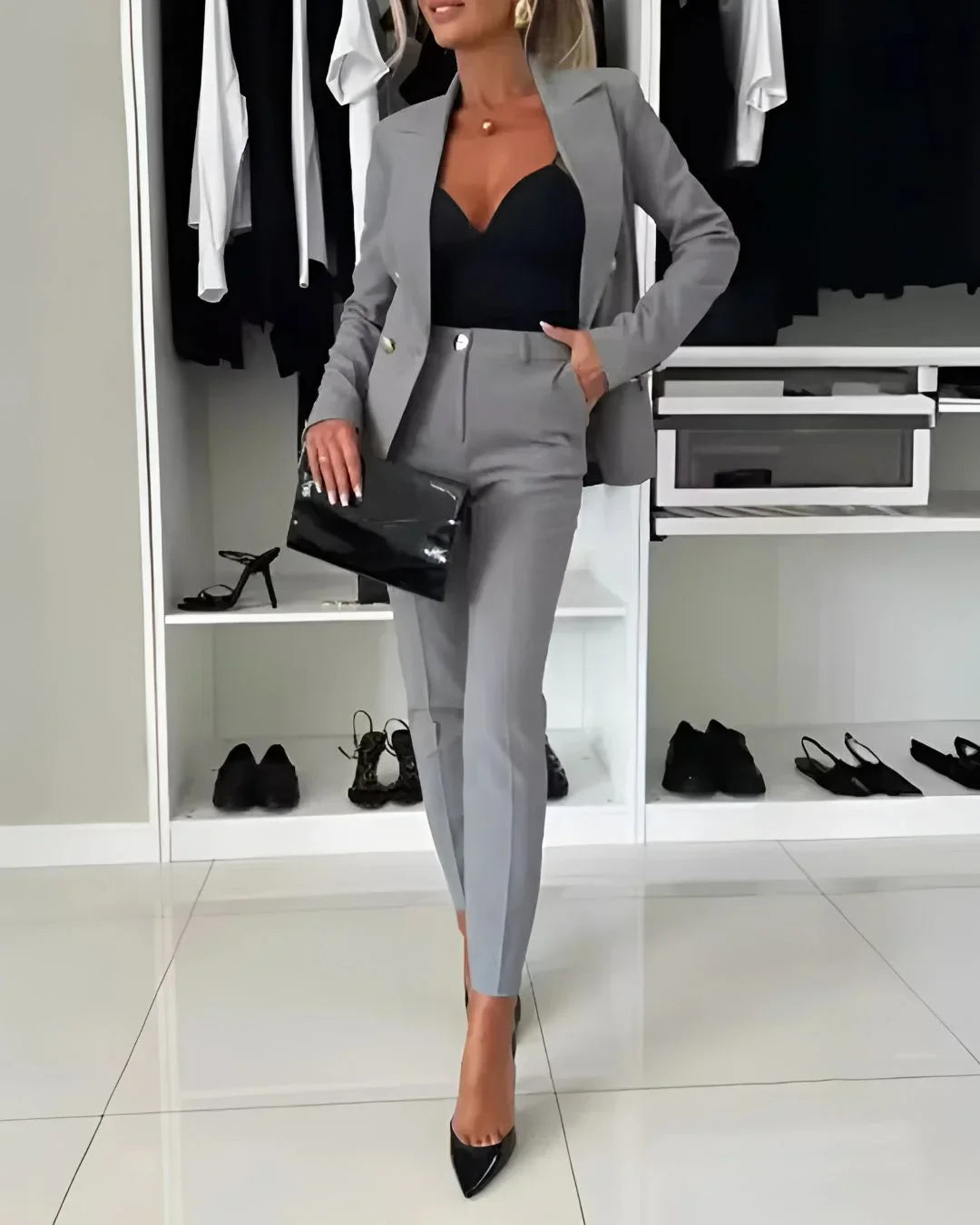 Pearl | Mulher Fato Blazer Duplo Abotoamento Calças Perna Larga