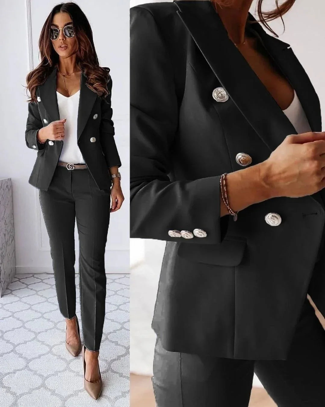 Pearl | Mulher Fato Blazer Duplo Abotoamento Calças Perna Larga