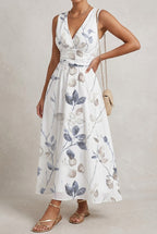 Vestido Longo para Convidada | Estampado Floral, Decote em V, Sem Mangas