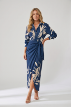 Vestido maxi feminino estampa folhas wrap decote V manga longa