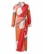 Vestido maxi feminino estampa folhas wrap decote V manga longa