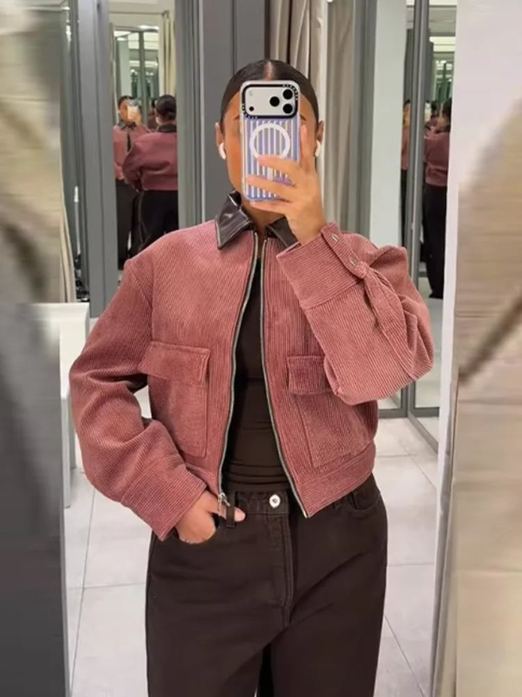 Mulher Bomber Jacket Cropped com Fecho Zip