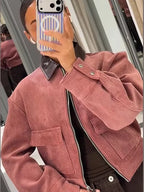 Mulher Bomber Jacket Cropped com Fecho Zip