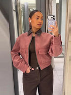 Mulher Bomber Jacket Cropped com Fecho Zip