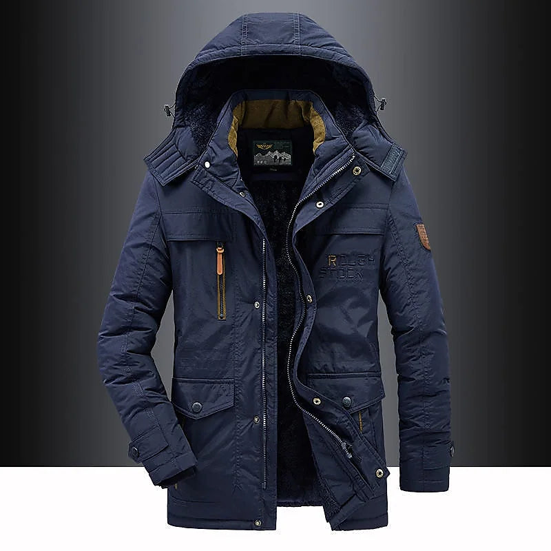 Homens Parka Média Comprimento com Capuz e Fecho de Correr